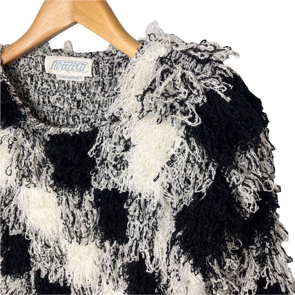 Sideffects Vintage Shaggy Sweater Hand Crocheted Checkered Pattern Vintage Small - Picture 3 of 7